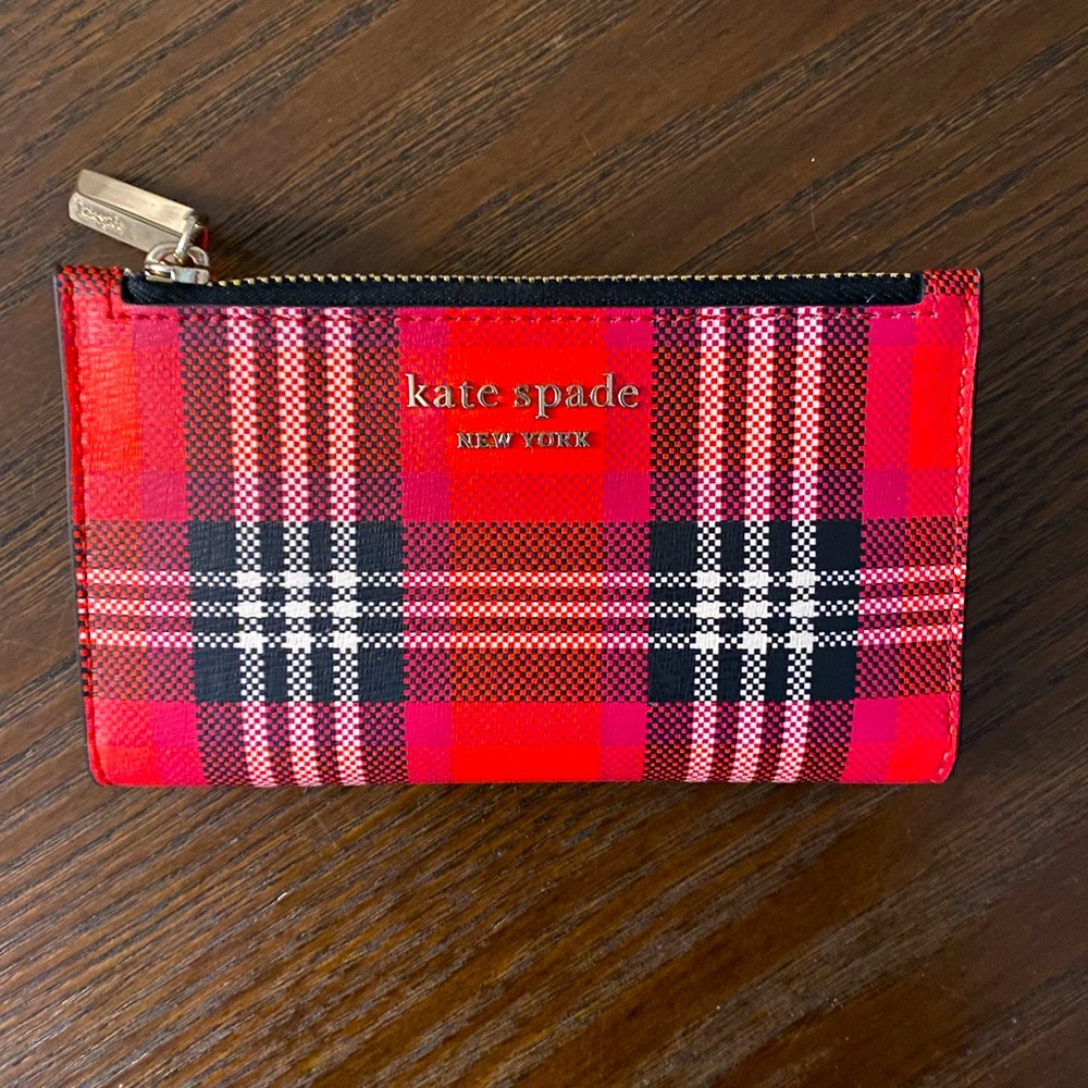 kate spade spencer foliage plaid small slim bifold wallet